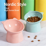 Tilted Pet Bowl with Wooden Stand, Neck Protection Anti-tipping Cat Food Water Bowl, Ceramic & Stainless Steel Feeder