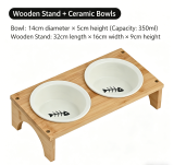 Tilted Pet Bowl with Wooden Stand, Neck Protection Anti-tipping Cat Food Water Bowl, Ceramic & Stainless Steel Feeder