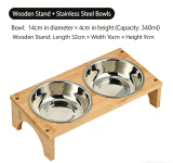 Tilted Pet Bowl with Wooden Stand, Neck Protection Anti-tipping Cat Food Water Bowl, Ceramic & Stainless Steel Feeder