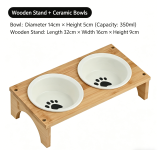 Tilted Pet Bowl with Wooden Stand, Neck Protection Anti-tipping Cat Food Water Bowl, Ceramic & Stainless Steel Feeder