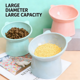 Tilted Pet Bowl with Wooden Stand, Neck Protection Anti-tipping Cat Food Water Bowl, Ceramic & Stainless Steel Feeder