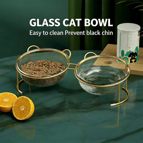 Glass Double Pet Bowl, Transparent Food Water Feeding Bowl, Anti-Slip Glass Cat Bowl for Cats Small Dogs