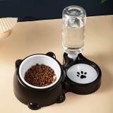 Slanted Cat Bowl, Stainless Steel Double Bowl, 2-in-1 Feeding and Water Dispenser, Automatic Water Supplement Food Bowl for Cats