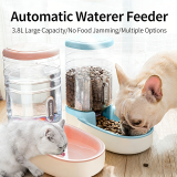 Pet Automatic Feeding & Drinking Bowl, Dog Cat Bowl Combination with Grain Storage Barrel, Auto Feeder Waterer for Pets