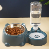 Slanted Cat Bowl, Stainless Steel Double Bowl, 2-in-1 Feeding and Water Dispenser, Automatic Water Supplement Food Bowl for Cats