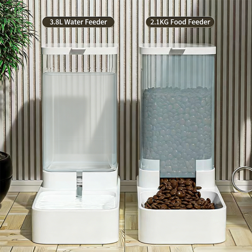 Automatic Cat Dog Feeder Water Fountain, Pet Food Dispenser with Grain Storage Bucket, Auto Feeding Drinking Pet Bowl