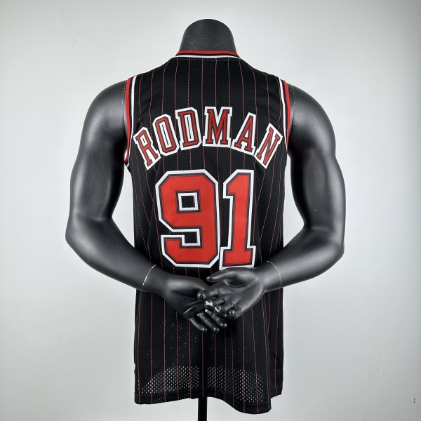 Embroidered MN retro jersey Bulls 97/98 season striped black 91 Rodman
