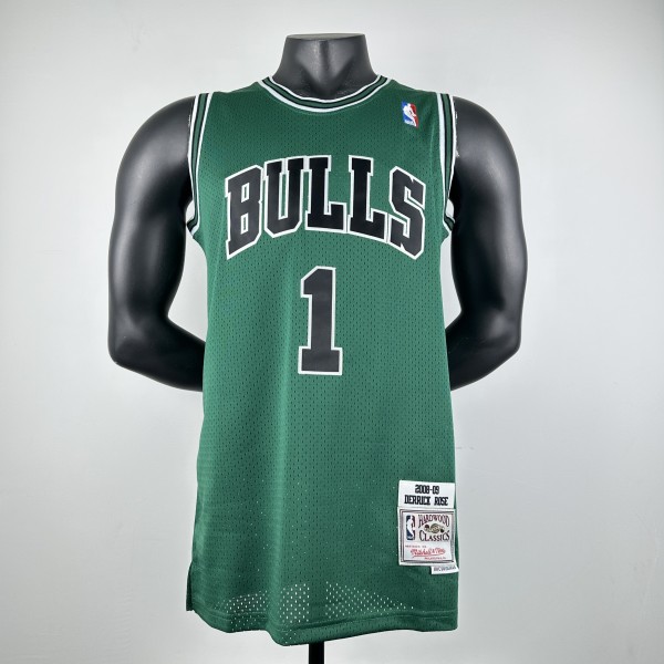 Embroidered MN Retro Jersey Bulls 08/09 Season Green No.1 Rose