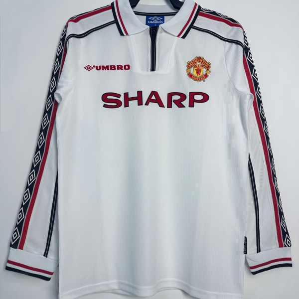 1998/99 M Utd White Retro Long Sleeve Soccer Jersey