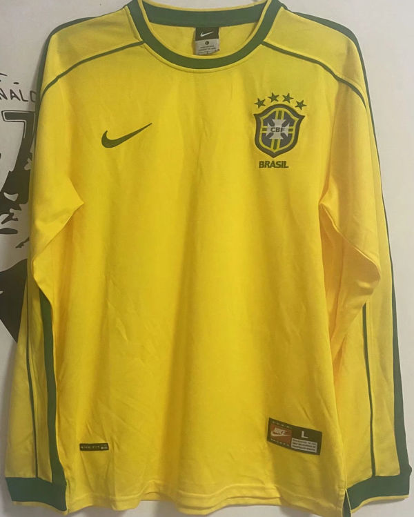 1998 Brazil Home Yellow Retro Long Sleeve Jersey (No small fonts on the chest)