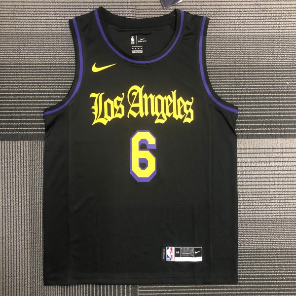 Los Angeles Lakers Latin Black 6 James  round neck  NBA Jerseys