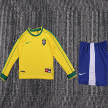 1998 Brazil Home Yellow Kids Retro Long Sleeve Soccer Jersey