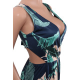 Leaf Print Back Tied High Slit Maxi Dress 25765-2