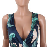 Leaf Print Back Tied High Slit Maxi Dress 25765-2