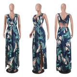 Leaf Print Back Tied High Slit Maxi Dress 25765-2