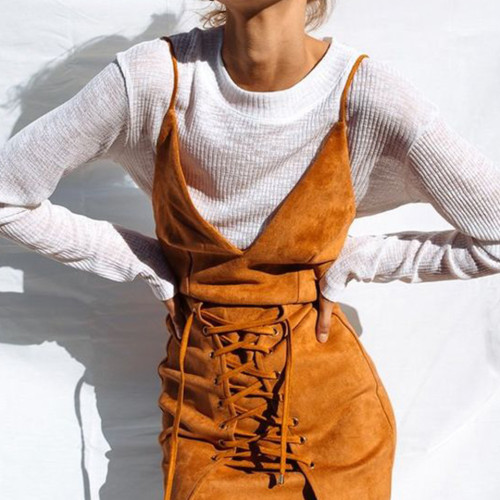 Velvet Straps Lace-Up Casual Dress