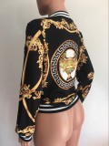 Womens Printed Black Jacket with Zipper Front Closure