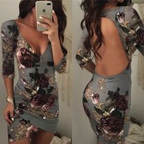 Open Back Sexy V-Neck Floral Dress with Wrapped Hem