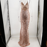 Summer Pink Sequins Straps Long Mermaid Evening Dress