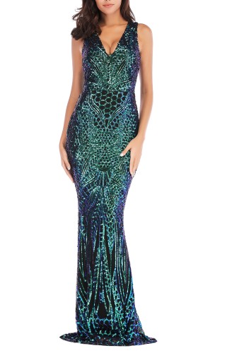 Sequins V-Neck Sleeveless Mermaid Evening Dress