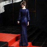 Sequins V-Neck Long Sleeves Slit Evening Dress