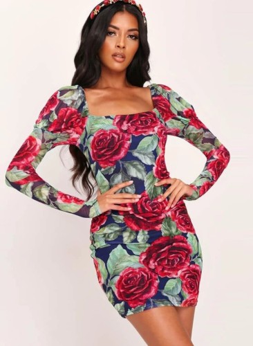 Vintage Floral Long Sleeve Square Mini Dress