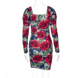 Vintage Floral Long Sleeve Square Mini Dress
