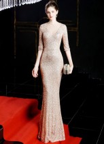 Sequins Half Sleeves Round Neck Evening Dress