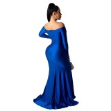 Blue Sexy Sweetheart Long Sleeve Slit Mermaid Evening Dress