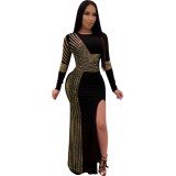 Black and Gold Sequins Slit Evening Dress with Sleeves