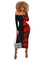 Print Sexy Off Shoulder Midi Dress with Sleeves