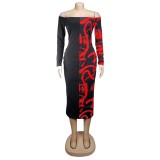 Print Sexy Off Shoulder Midi Dress with Sleeves