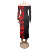 Print Sexy Off Shoulder Midi Dress with Sleeves
