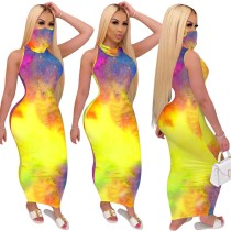 Tie Dye Sexy Sleeveless Tight Midi Dress with Face Cover