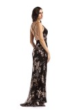 Sequins Floral Straps Slit Evening Dress