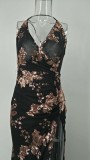 Sequins Floral Straps Slit Evening Dress