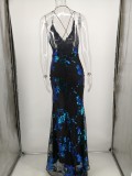 Sequins Floral Straps Slit Evening Dress