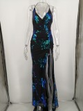 Sequins Floral Straps Slit Evening Dress