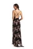 Sequins Floral Straps Slit Evening Dress