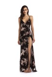 Sequins Floral Straps Slit Evening Dress