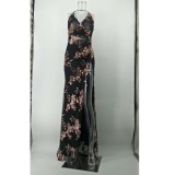 Sequins Floral Straps Slit Evening Dress