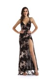 Sequins Floral Straps Slit Evening Dress