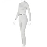 Fall Two Piece Plain Bodycon Crop Top and Pants Set