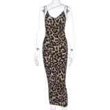 Leopard Print Elegant Strap Midi Dress