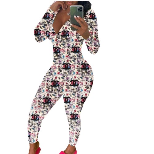Cute Print Sexy Long Sleeve Fitted Jumpsuit