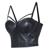 Black Leather Sexy Push Up Strap Crop Top