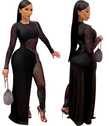 Autumn Party Beaded Black Sexy Patchwork Jumpsuit