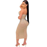 Summer Party Sexy Beaded Push Up Strap Midi Dress