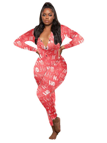 Autumn Print Sexy V-Neck Button Up Onesie Pajama