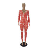 Autumn Print Sexy V-Neck Button Up Onesie Pajama